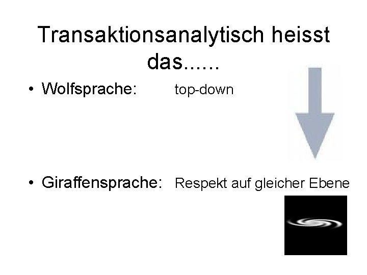 Transaktionsanalytisch heisst das. . . • Wolfsprache: top-down • Giraffensprache: Respekt auf gleicher Ebene