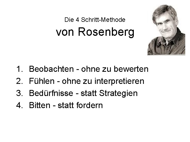 Die 4 Schritt-Methode von Rosenberg 1. 2. 3. 4. Beobachten - ohne zu bewerten