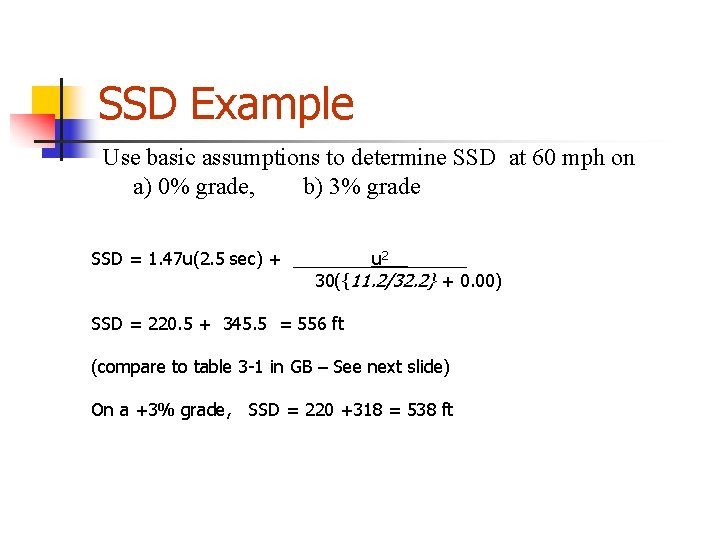 SSD Example Use basic assumptions to determine SSD at 60 mph on a) 0%