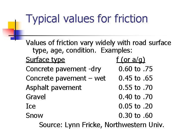 Typical values for friction Values of friction vary widely with road surface type, age,