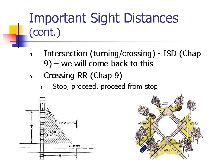 Important Sight Distances (cont. ) Intersection (turning/crossing) - ISD (Chap 9) – we will