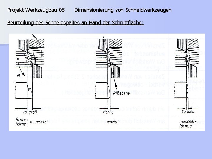 Projekt Werkzeugbau 05 Dimensionierung von Schneidwerkzeugen Beurteilung des Schneidspaltes an Hand der Schnittfläche: 