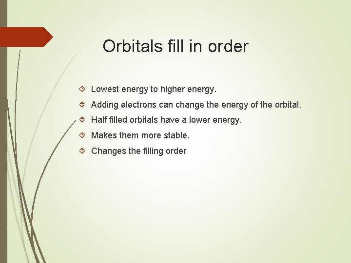 Orbitals fill in order Lowest energy to higher energy. Adding electrons can change the