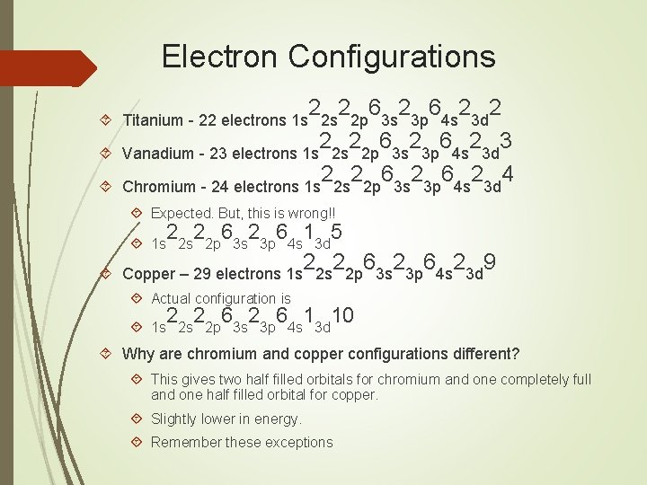 Electron Configurations 2 2 6 2 3 Vanadium - 23 electrons 1 s 2