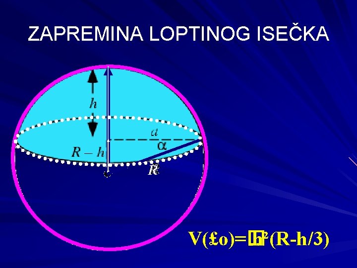 ZAPREMINA LOPTINOG ISEČKA R V(£o)=� h²(R-h/3) 