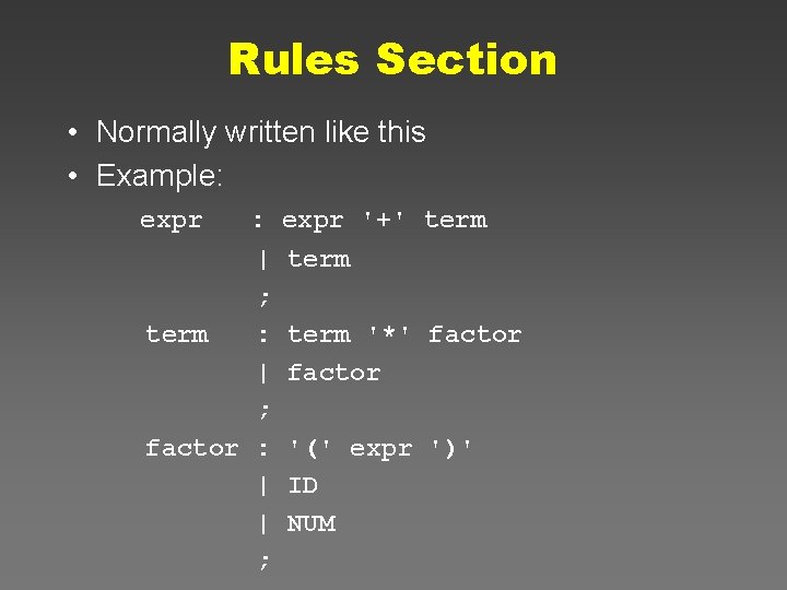 Rules Section • Normally written like this • Example: expr : | ; term