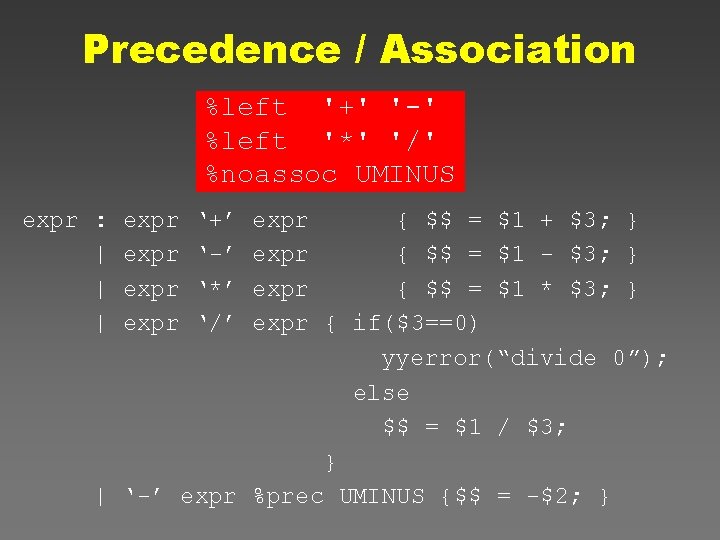 Precedence / Association %left '+' '-' %left '*' '/' %noassoc UMINUS expr : |