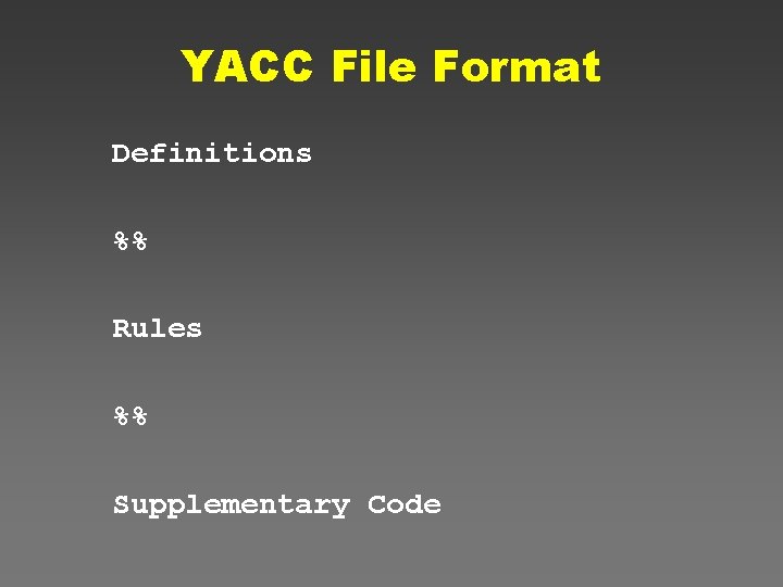 YACC File Format Definitions %% Rules %% Supplementary Code 