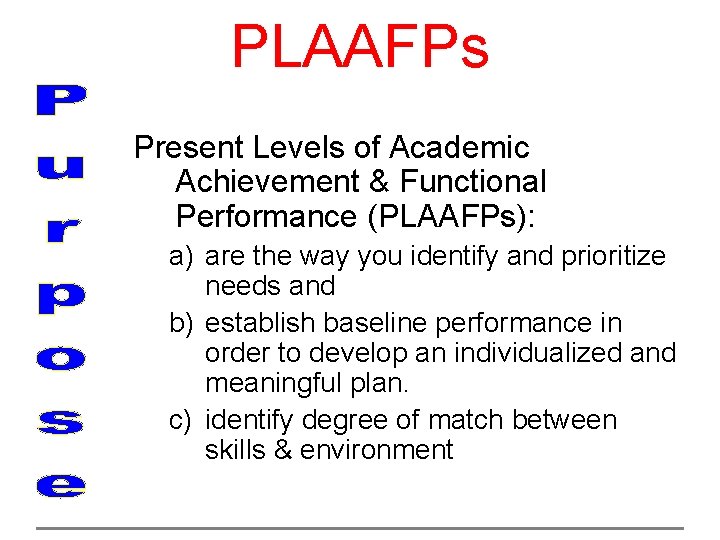 PLAAFPs Present Levels of Academic Achievement & Functional Performance (PLAAFPs): a) are the way