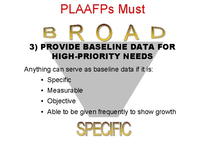 PLAAFPs Must 3) PROVIDE BASELINE DATA FOR HIGH-PRIORITY NEEDS Anything can serve as baseline