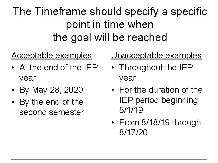The Timeframe should specify a specific point in time when the goal will be