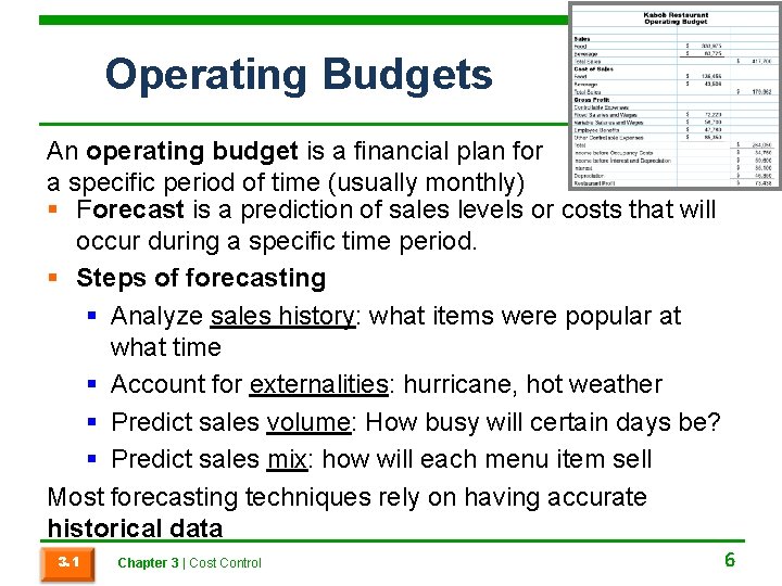 Operating Budgets An operating budget is a financial plan for a specific period of