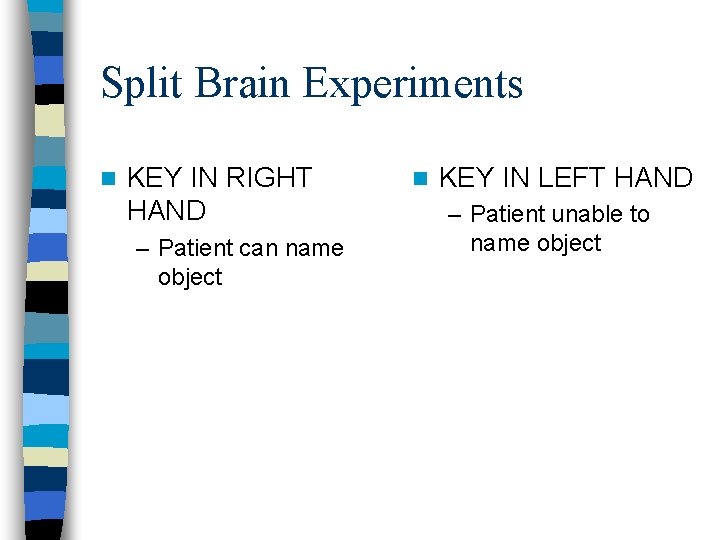Split Brain Experiments n KEY IN RIGHT HAND – Patient can name object n