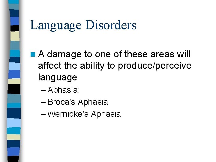 Language Disorders n. A damage to one of these areas will affect the ability