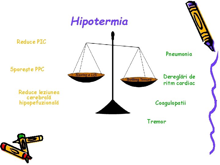 Hipotermia Reduce PIC Pneumonia Sporeşte PPC Reduce leziunea cerebrală hipopefuzională Dereglări de ritm cardiac