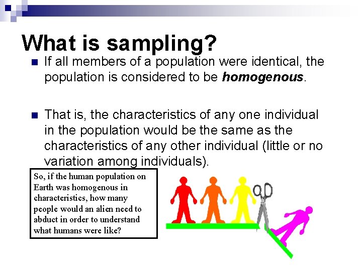 What is sampling? n If all members of a population were identical, the population