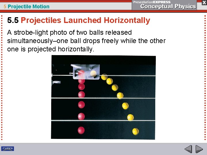 5 Projectile Motion 5. 5 Projectiles Launched Horizontally A strobe-light photo of two balls