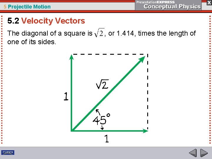 5 Projectile Motion 5. 2 Velocity Vectors The diagonal of a square is one