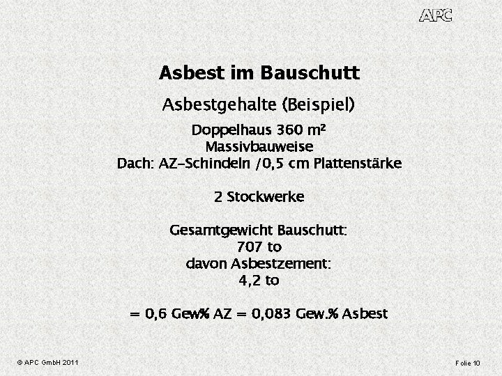 Asbest im Bauschutt Asbestgehalte (Beispiel) Doppelhaus 360 m² Massivbauweise Dach: AZ-Schindeln /0, 5 cm