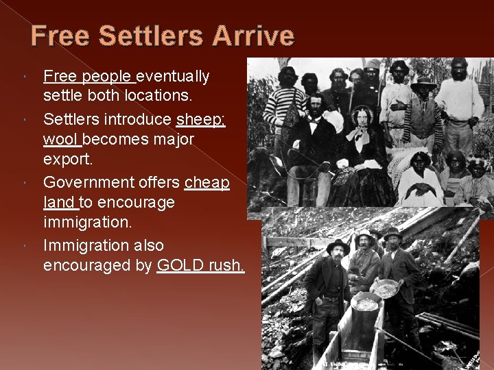 Free Settlers Arrive Free people eventually settle both locations. Settlers introduce sheep; wool becomes