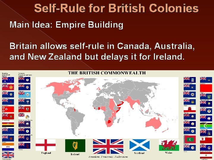 Self-Rule for British Colonies Main Idea: Empire Building Britain allows self-rule in Canada, Australia,