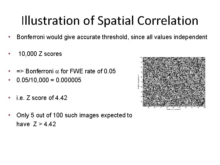 Illustration of Spatial Correlation • Bonferroni would give accurate threshold, since all values independent