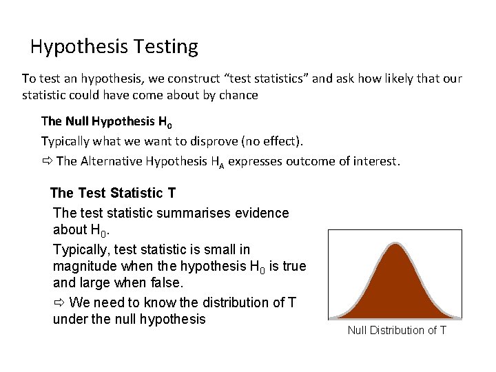 Hypothesis Testing To test an hypothesis, we construct “test statistics” and ask how likely