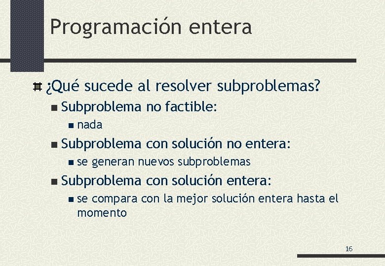 Programación entera ¿Qué sucede al resolver subproblemas? n Subproblema no factible: n nada n