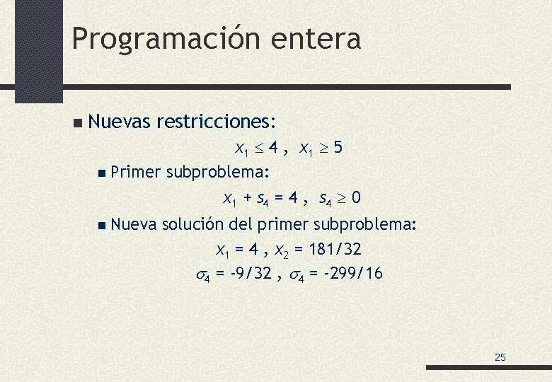 Programación entera n Nuevas restricciones: x 1 4 , x 1 5 n Primer