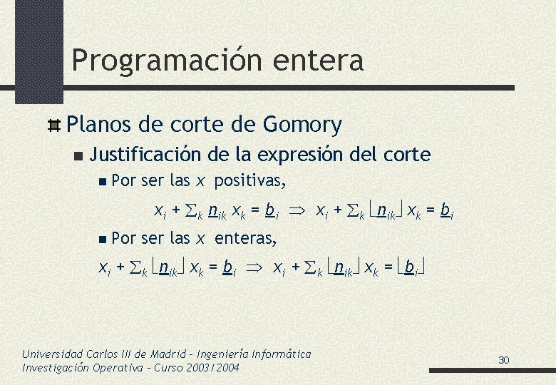 Programación entera Planos de corte de Gomory n Justificación de la expresión del corte
