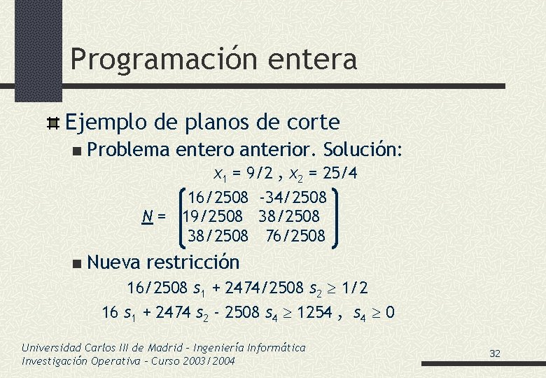 Programación entera Ejemplo de planos de corte n Problema entero anterior. Solución: x 1