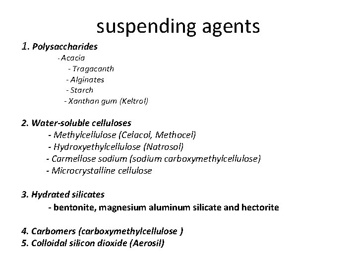 suspending agents 1. Polysaccharides - Acacia - Tragacanth - Alginates - Starch - Xanthan