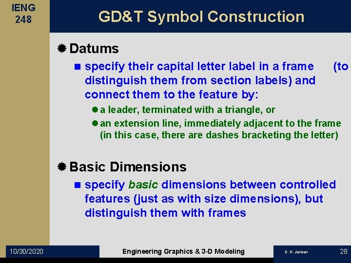 IENG 248 GD&T Symbol Construction ® Datums n specify their capital letter label in