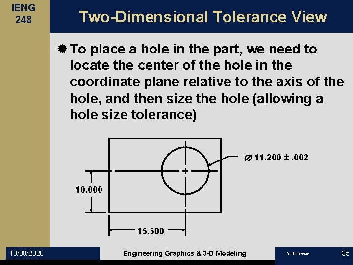 IENG 248 Two-Dimensional Tolerance View ® To place a hole in the part, we