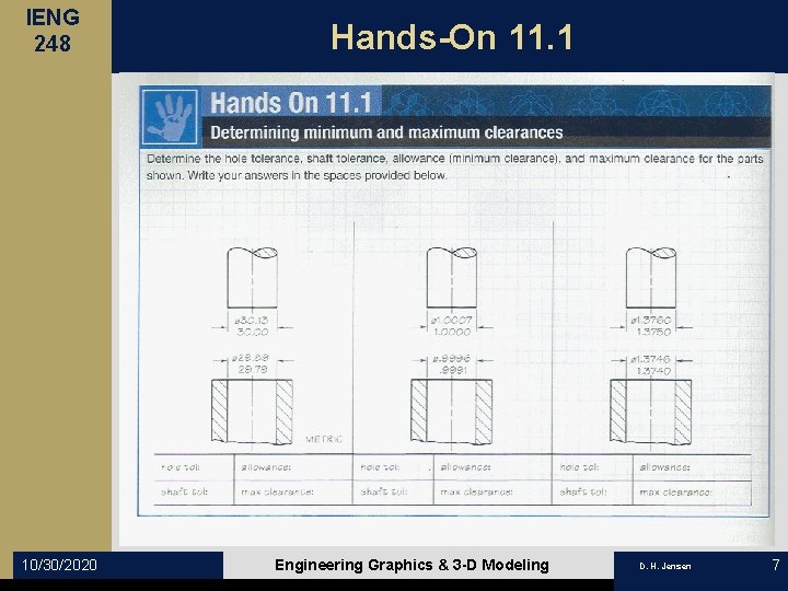 IENG 248 10/30/2020 Hands-On 11. 1 Engineering Graphics & 3 -D Modeling D. H.