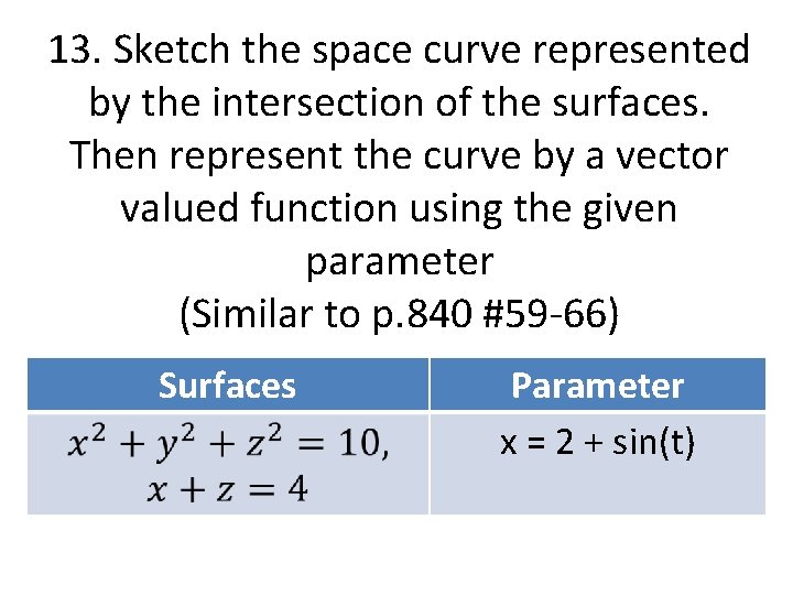 13. Sketch the space curve represented by the intersection of the surfaces. Then represent