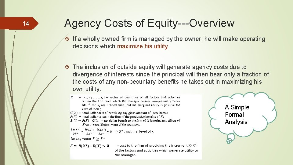 14 Agency Costs of Equity---Overview If a wholly owned firm is managed by the