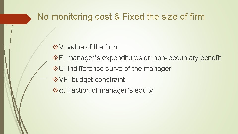 No monitoring cost & Fixed the size of firm V: value of the firm