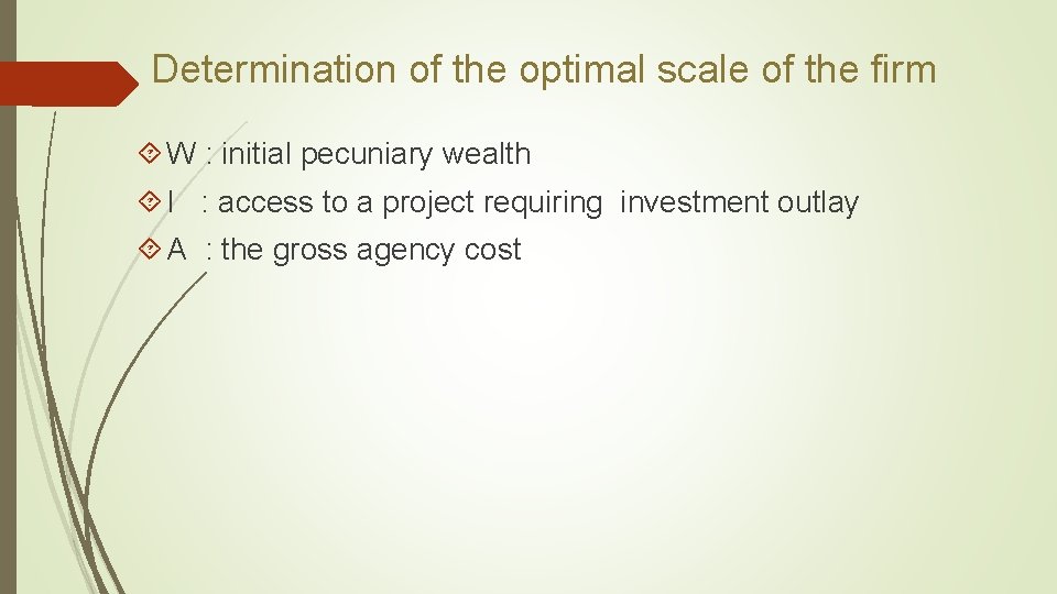 Determination of the optimal scale of the firm W : initial pecuniary wealth I