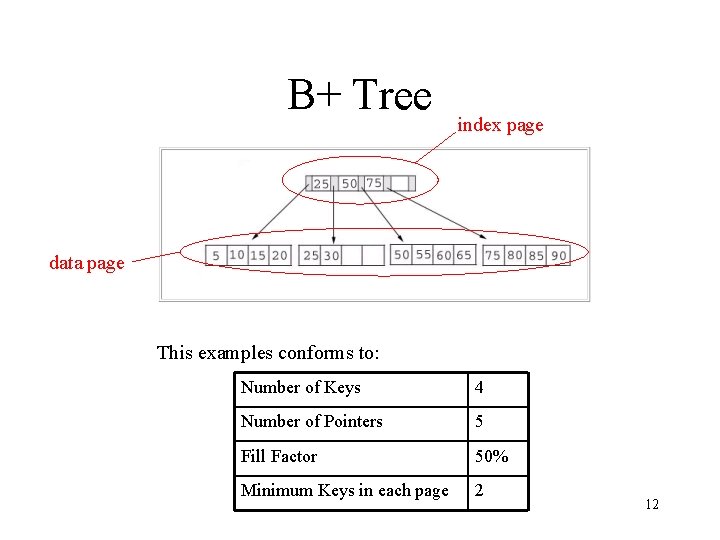 B+ Tree index page data page This examples conforms to: Number of Keys 4