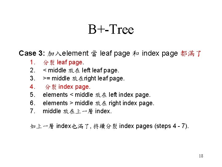 B+-Tree Case 3: 加入element 當 leaf page 和 index page 都滿了 1. 2. 3.