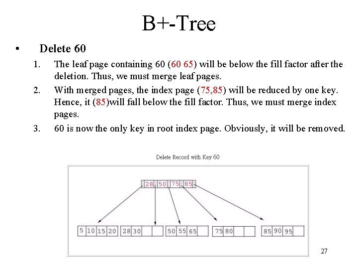 B+-Tree • Delete 60 1. 2. 3. The leaf page containing 60 (60 65)