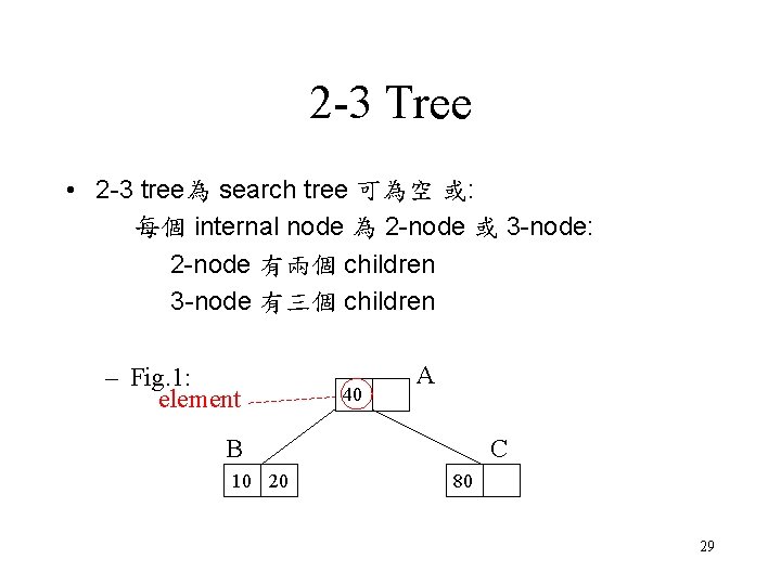 2 -3 Tree • 2 -3 tree為 search tree 可為空 或: 每個 internal node