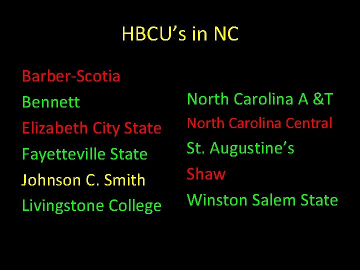 HBCU’s in NC Barber-Scotia Bennett Elizabeth City State Fayetteville State Johnson C. Smith Livingstone