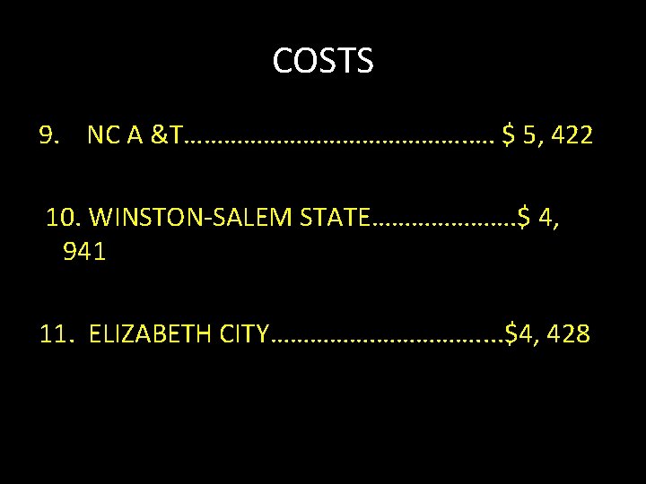 COSTS 9. NC A &T…………………. …. $ 5, 422 10. WINSTON-SALEM STATE…………………. $ 4,
