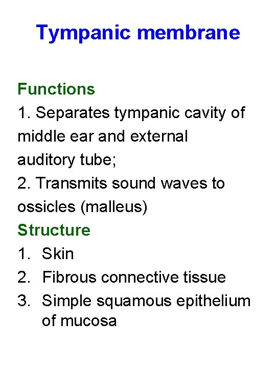 Tympanic membrane Functions 1. Separates tympanic cavity of middle ear and external auditory tube;