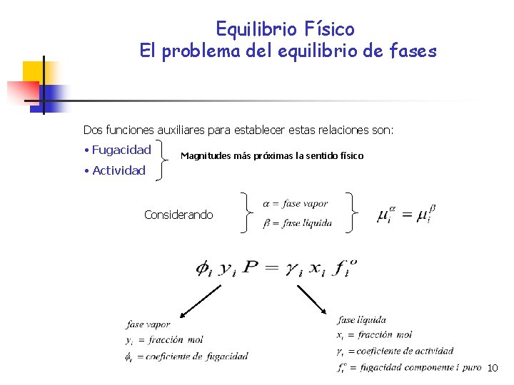 Equilibrio Físico El problema del equilibrio de fases Dos funciones auxiliares para establecer estas