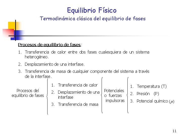 Equilibrio Físico Termodinámica clásica del equilibrio de fases Procesos de equilibrio de fases: 1.