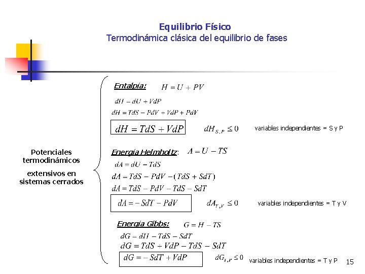 Equilibrio Físico Termodinámica clásica del equilibrio de fases Entalpía: variables independientes = S y