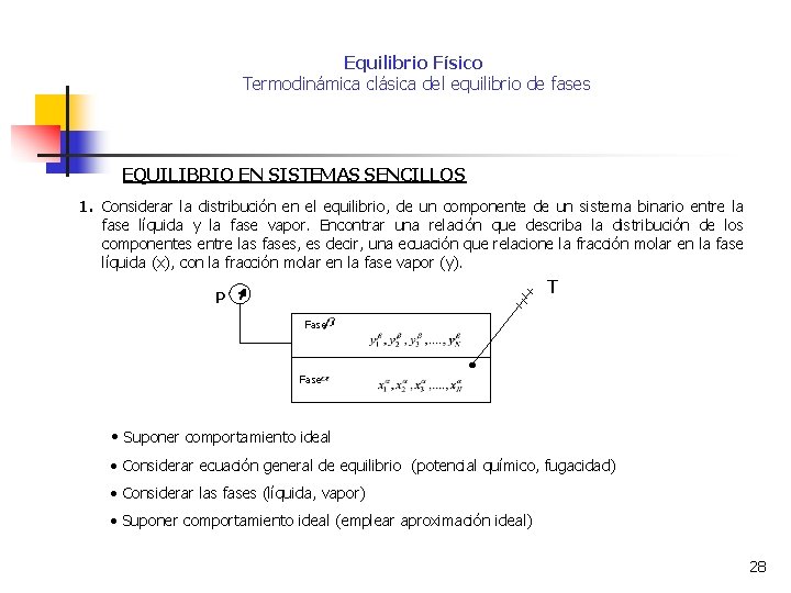 Equilibrio Físico Termodinámica clásica del equilibrio de fases EQUILIBRIO EN SISTEMAS SENCILLOS 1. Considerar